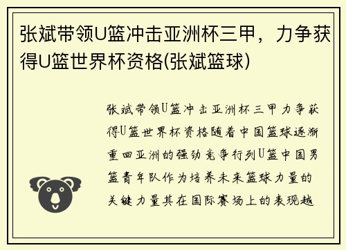 张斌带领U篮冲击亚洲杯三甲，力争获得U篮世界杯资格(张斌篮球)
